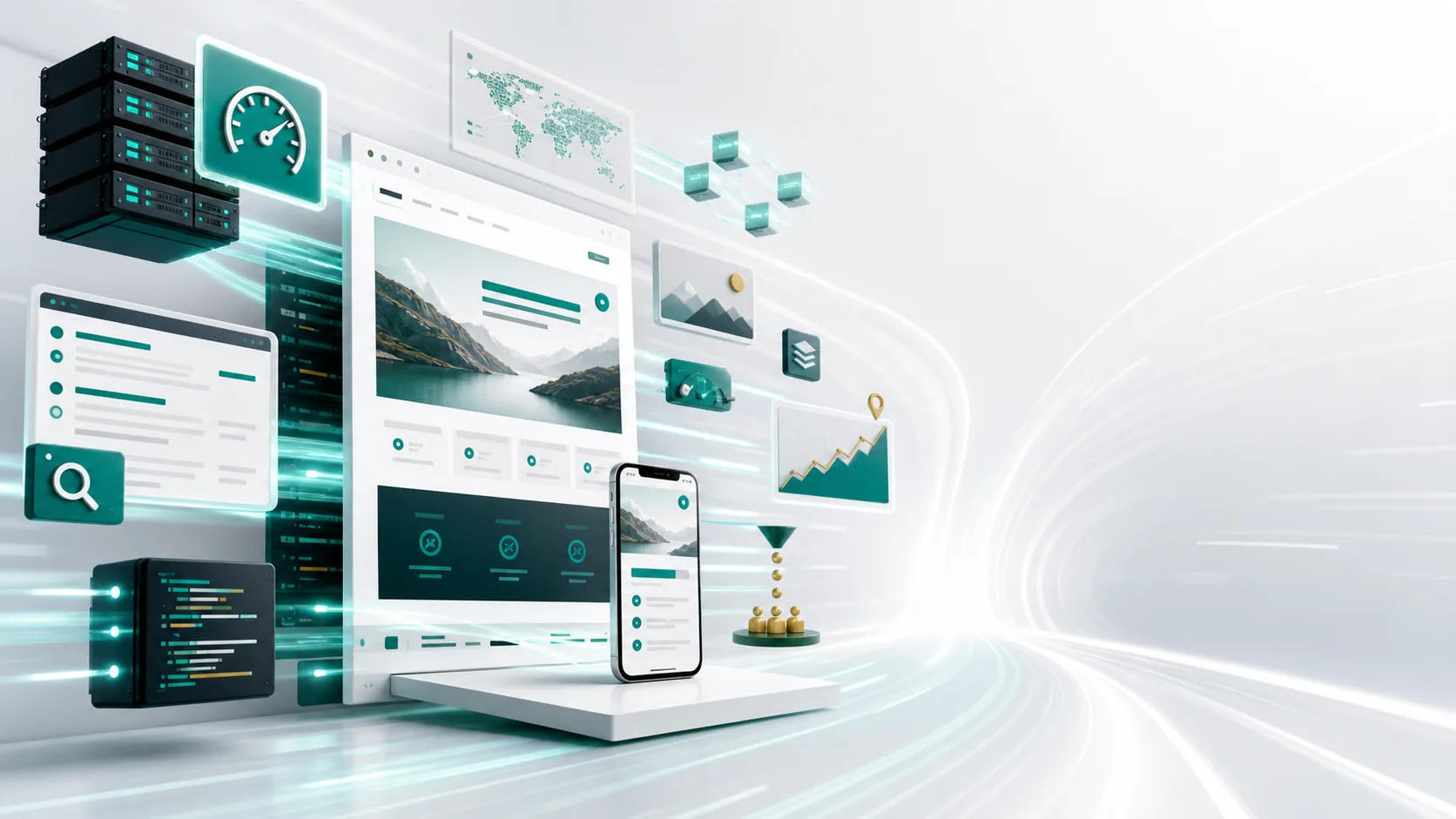 Abstract speed optimization pipeline for a landing page with SEO, analytics, and fast delivery signals